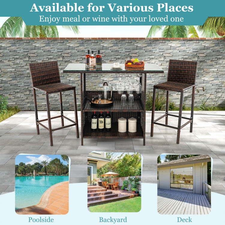 Outdoor wicker bar set featuring a spacious table and 3-row stemware racks, perfect for poolside or backyard gatherings.
